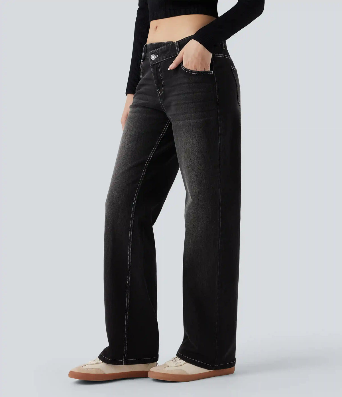 Halara Flex™ Asymmetric Low Rise Straight Leg Casual Jeans with Pockets