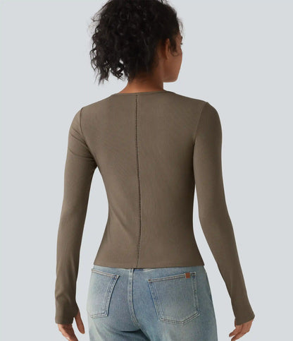 Ribbed Knit Round Neck Long Sleeve Thumb Holes Cut-out Casual T-Shirt