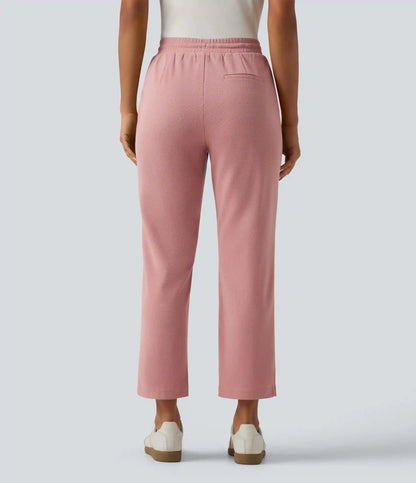 High Waisted Drawstring Tapered Pintuck Work Pants with Pockets