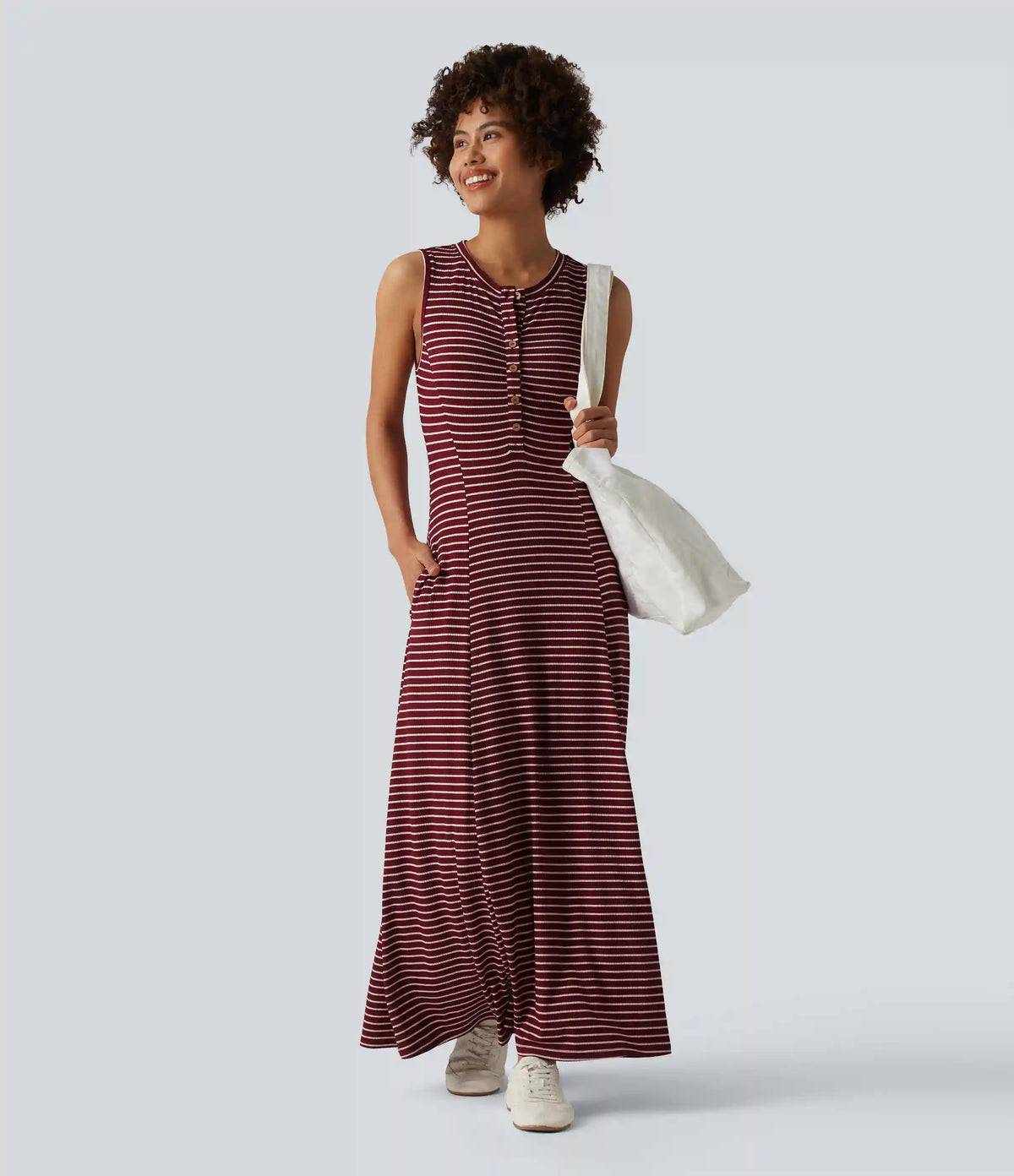 Henley Sleeveless Stripes Maxi Casual Flowy Dress with Pockets