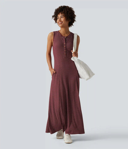 Henley Sleeveless Stripes Maxi Casual Flowy Dress with Pockets