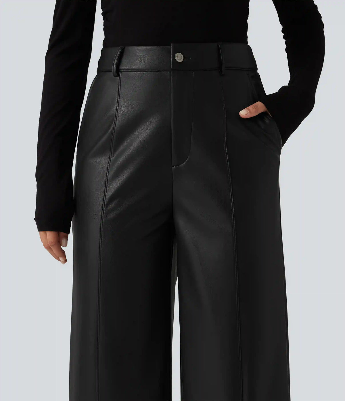 High Waisted Straight Leg Seam Stretchy PU Fleece Casual Leather Pants with Pockets
