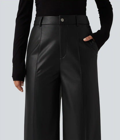 High Waisted Straight Leg Seam Stretchy PU Fleece Casual Leather Pants with Pockets