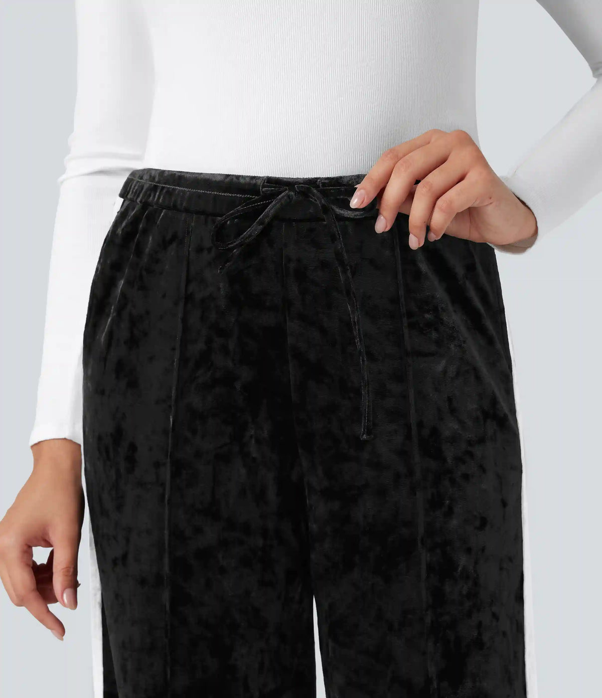 Mid Rise Drawstring Color Block Velvet Casual Straight Leg Pants with Pockets