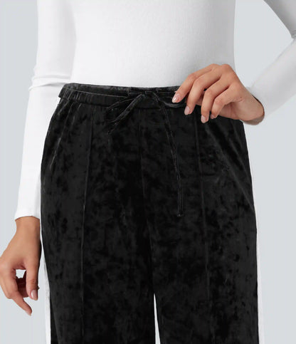 Mid Rise Drawstring Color Block Velvet Casual Straight Leg Pants with Pockets