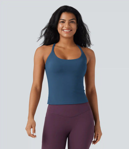 Scoop Neck Crisscross Back Crossover Hem Yoga Cami Top