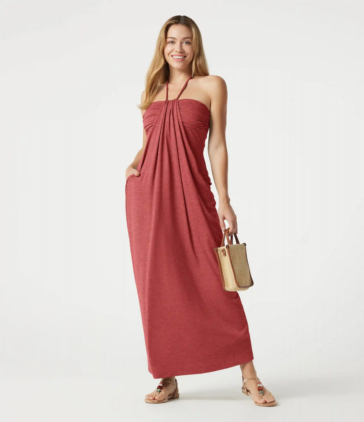 Halter Tie Back Built-in Bra Heathered Maxi Dress with Pockets