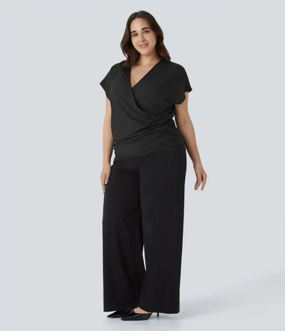 V Neck Cap Sleeve Crossover Ruched Solid Work Plus Size Blouse