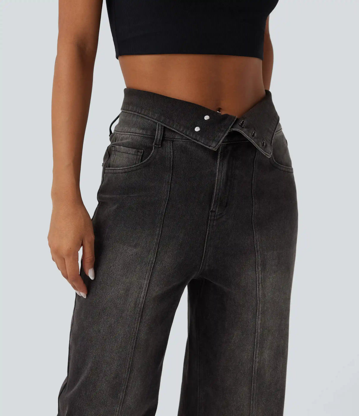 Halara Flex™ Foldover High Waisted Straight Leg Casual Jeans with Pockets