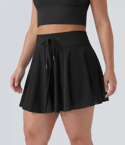 Plus Size High Waisted Drawstring Contrast Mesh 2-in-1 Flowy Mini Flare Casual Skirt with Pockets-Longer Length