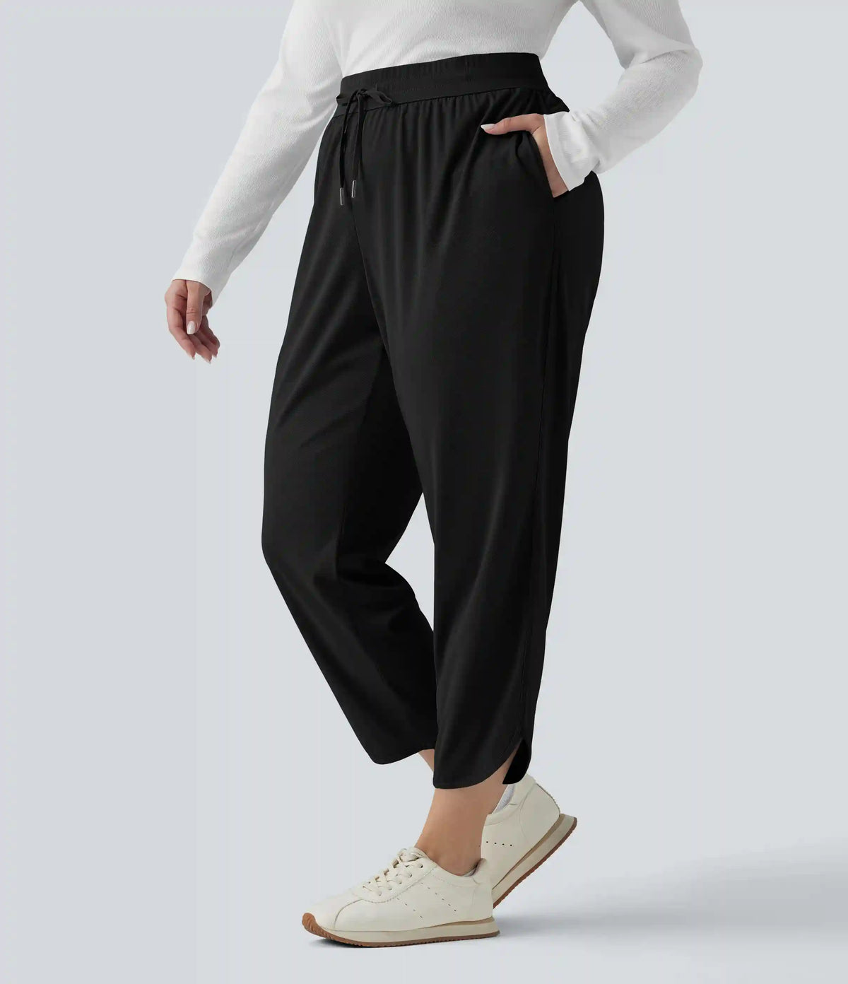 Plus Size Mid Rise Drawstring Curved Hem Quick Dry Golf Tapered Pants with Pockets-UPF40+