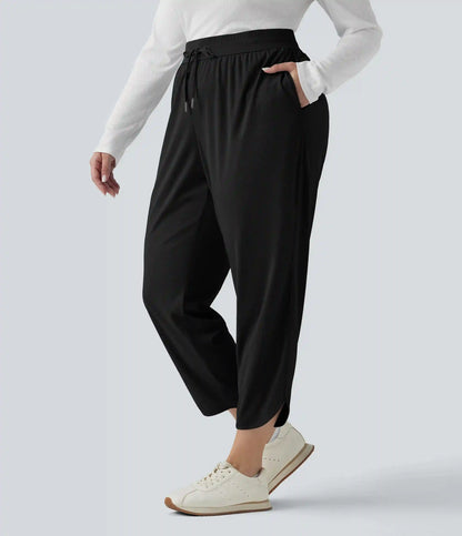 Plus Size Mid Rise Drawstring Curved Hem Quick Dry Golf Tapered Pants with Pockets-UPF40+
