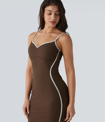 Ribbed Sweetheart Neck Non-Removable Pad Color Block Midi Casual Slip Dress