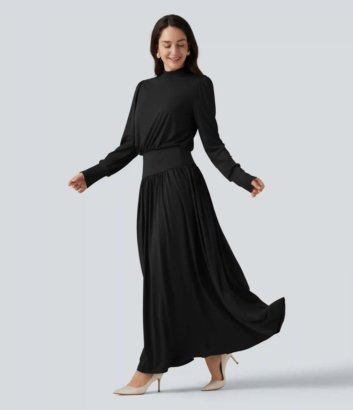 Mock Neck Long Sleeve Ruched Party Maxi Dress with Pockets