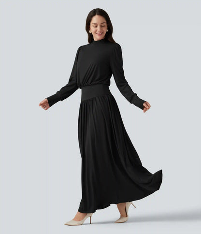 Mock Neck Long Sleeve Ruched Party Maxi Dress with Pockets