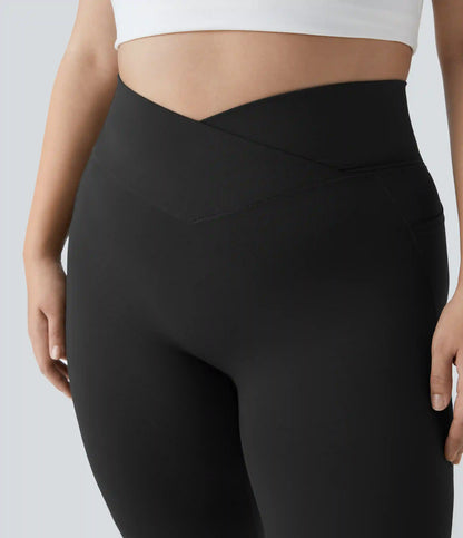 SoftlyZero™ High Waisted Crossover Pocket Plain Plus Size Full Length Leggings