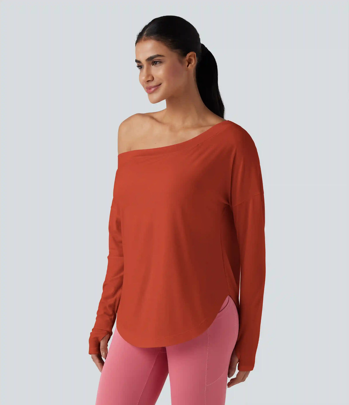 One Shoulder Long Sleeve Thumb Hole Curved Hem High Low Quick Dry Yoga Sports Top-Built-in Bra