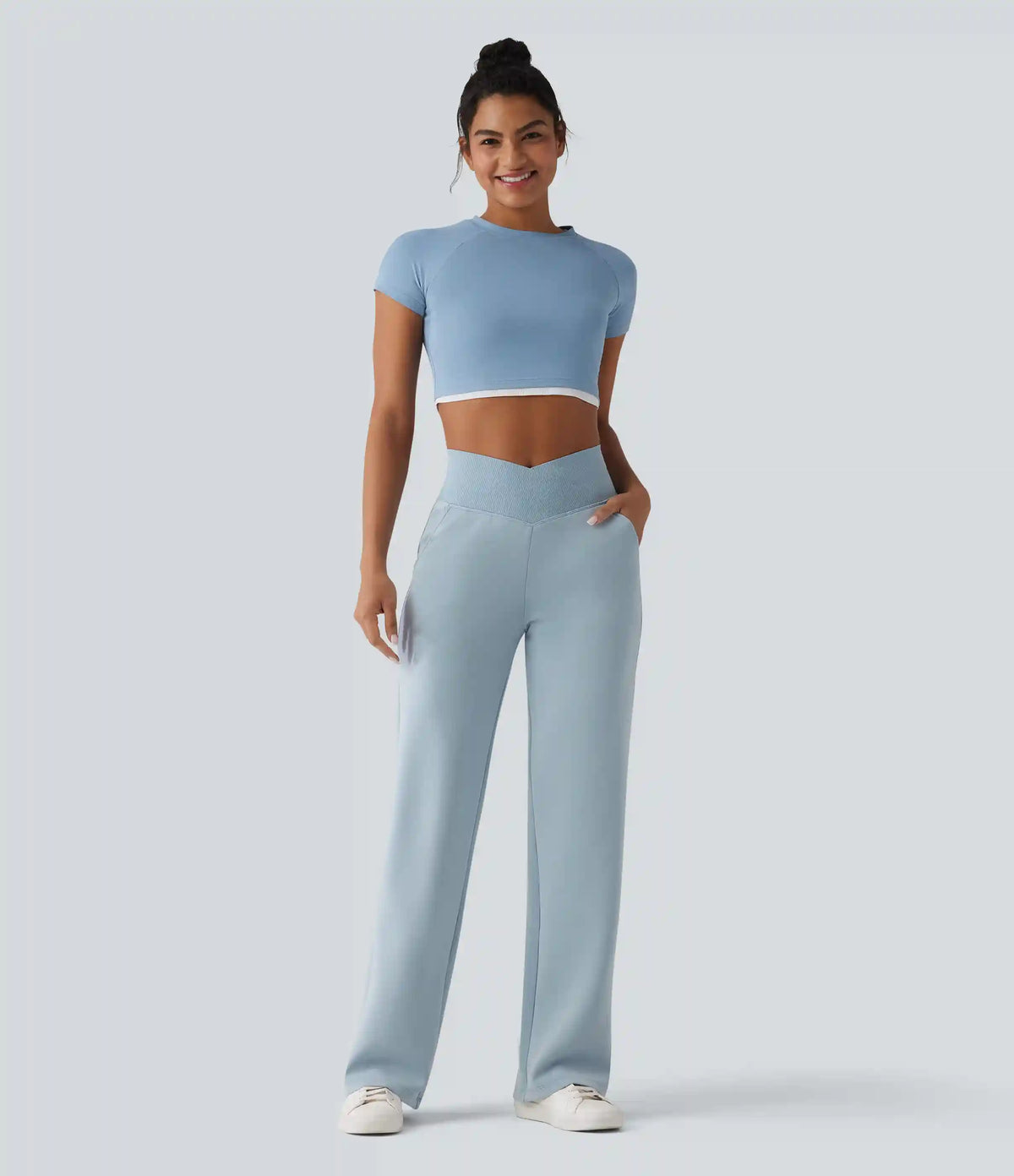 SpacerTek™ High Waisted Crossover Tummy Control Straight Leg Casual Pants with Pockets