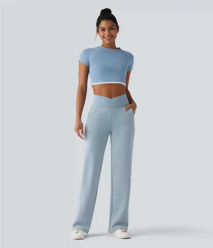 SpacerTek™ High Waisted Crossover Tummy Control Straight Leg Casual Pants with Pockets