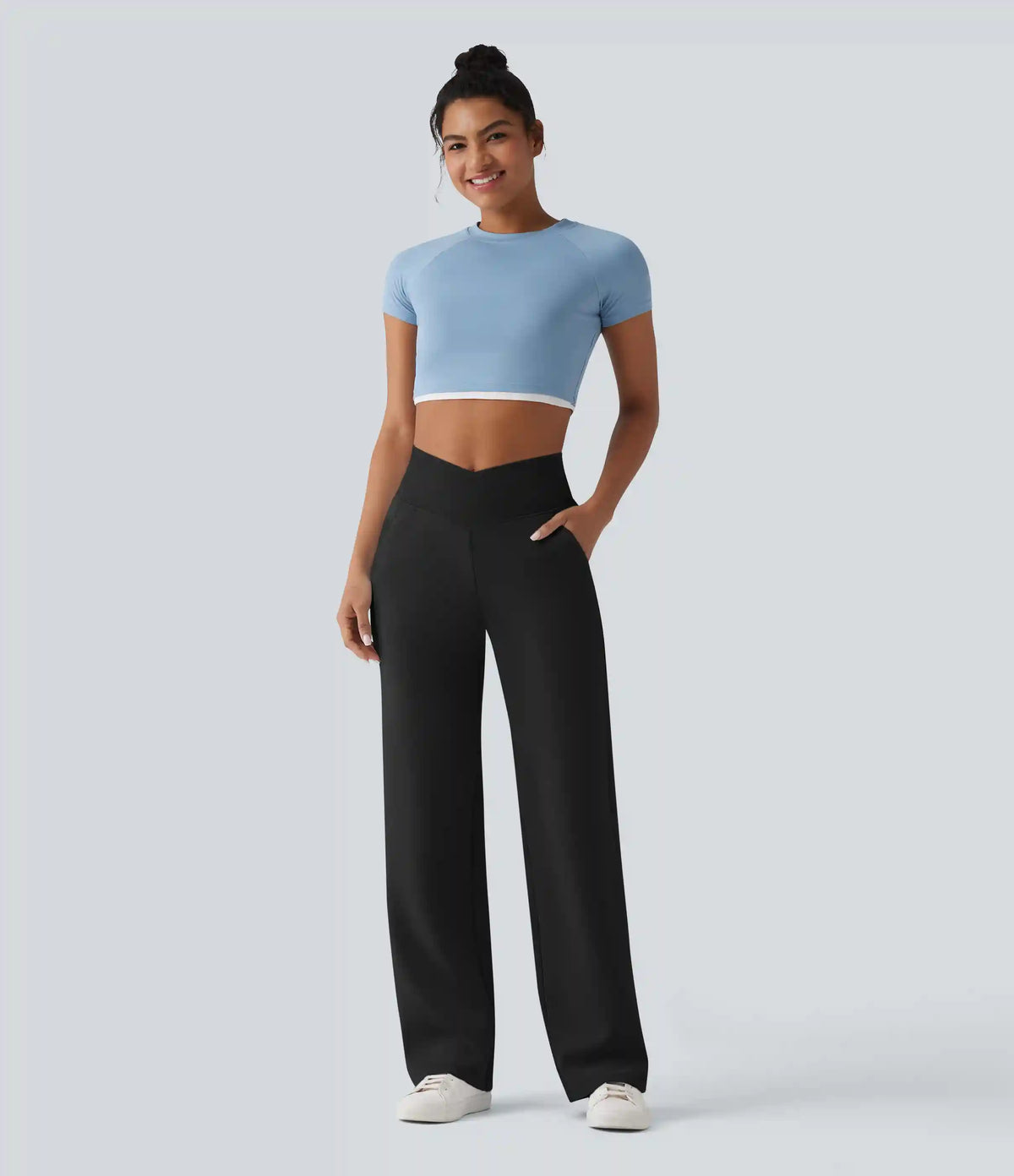 SpacerTek™ High Waisted Crossover Tummy Control Straight Leg Casual Pants with Pockets