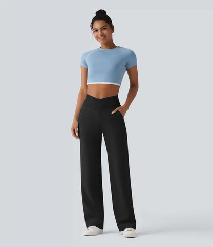 SpacerTek™ High Waisted Crossover Tummy Control Straight Leg Casual Pants with Pockets