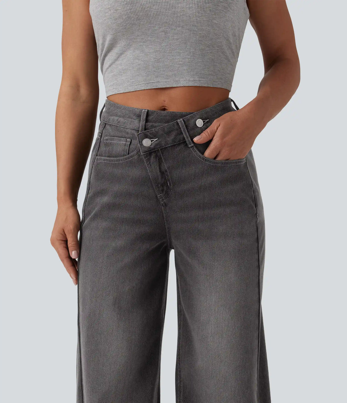 Halara Flex™ Asymmetric High Waisted Washed Casual Baggy Jeans with Pockets