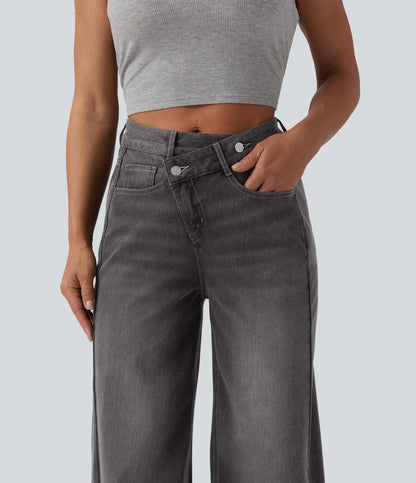 Halara Flex™ Asymmetric High Waisted Washed Casual Baggy Jeans with Pockets