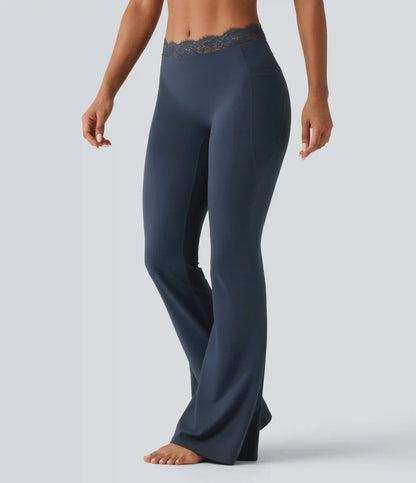 Halara UltraSculpt™ Mid Rise Contrast Lace Ruched Flare Yoga Leggings with Pockets