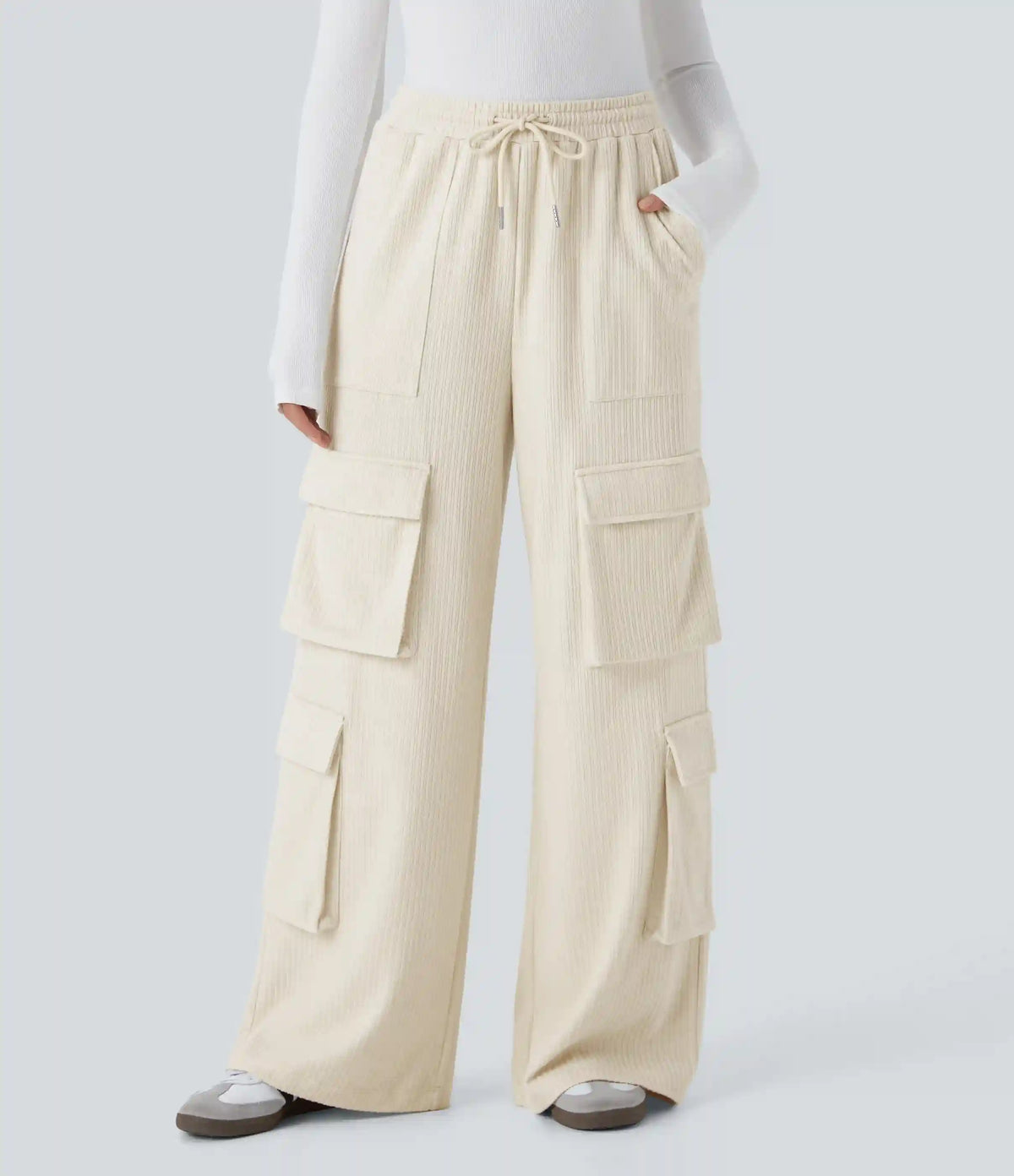 Ribbed Mid Rise Drawstring Pockets Wide Leg Cargo Casual Pants