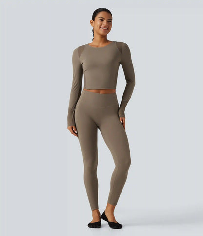 Round Neck Long Sleeve Contrast Mesh InstantCool Quick Dry Yoga Sports Top