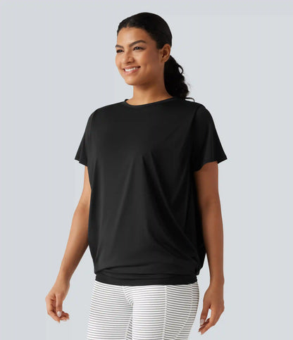 Round Neck Short Sleeve Ruched InstantCool Yoga Sports Top-Longer Length-UPF50+