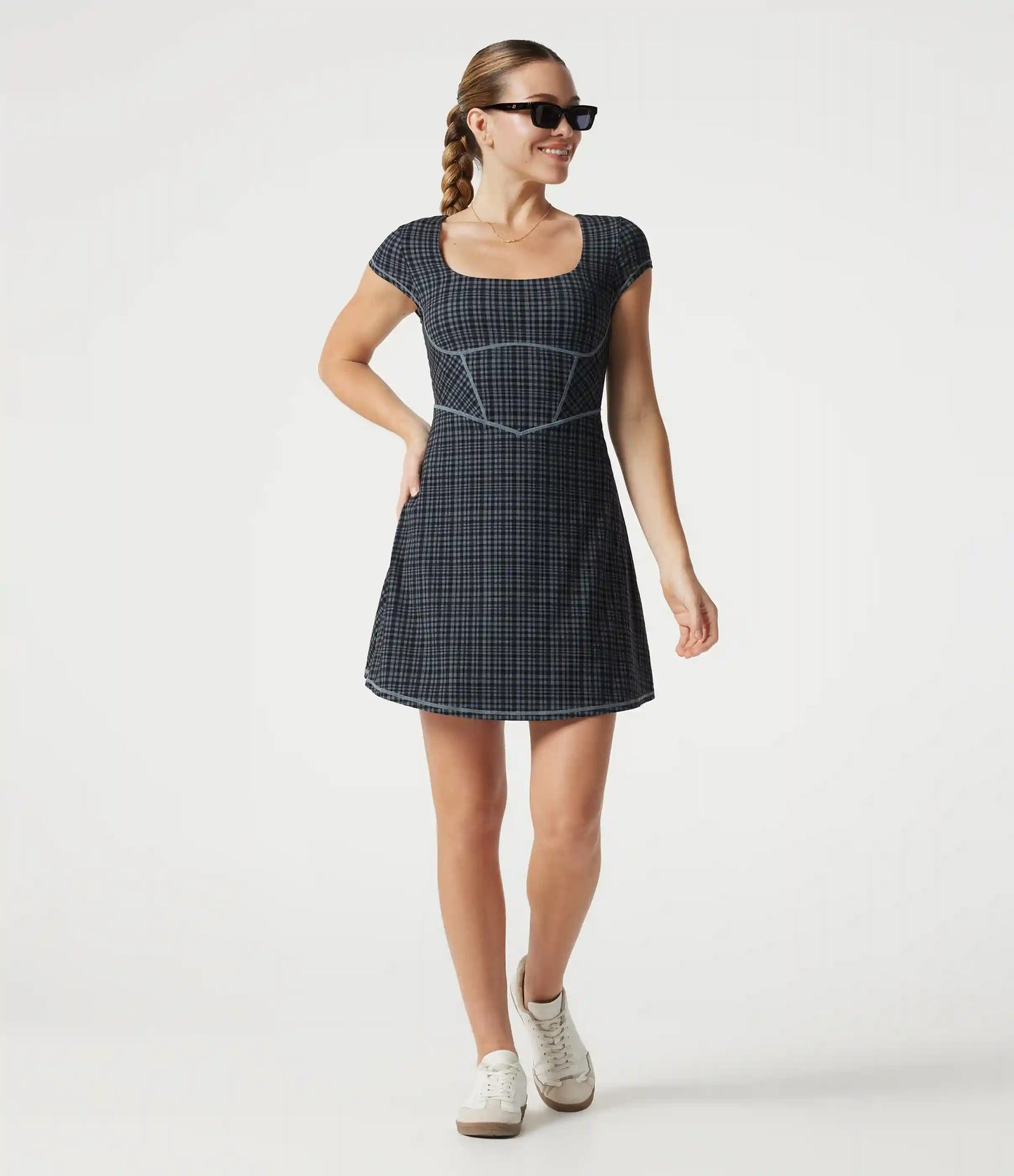 Halara UltraSculpt™ Check Plaid Print Square Neck Corset 2-in-1 Built-in Bra Mini Casual Dress with Pockets-Easy Peezy