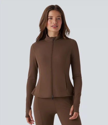 DayStretch Stand Collar Zipper Thumb Hole Ruffle Hem Slim Jacket with Pockets