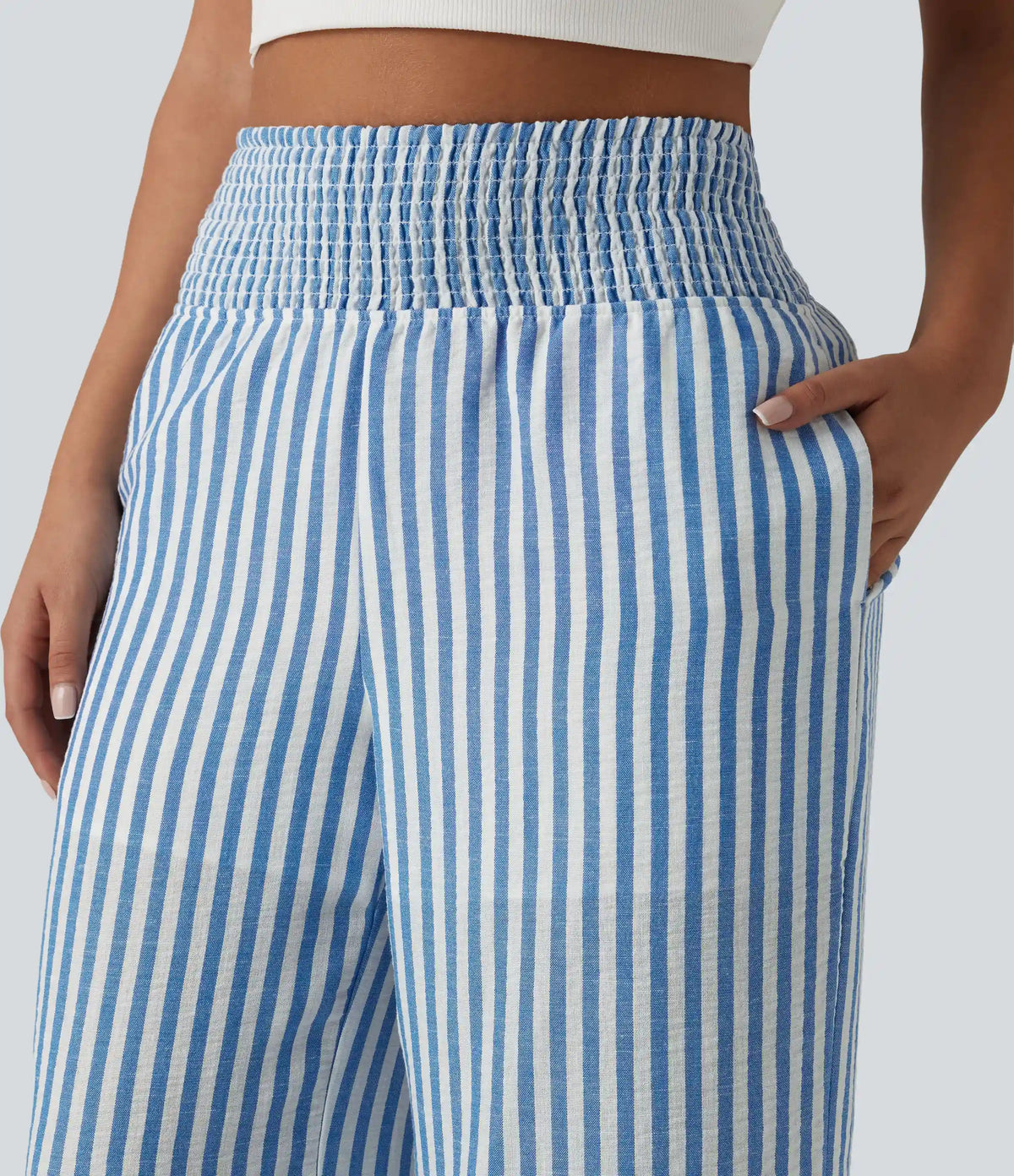 High Waisted Shirred 2-in-1 Straight Leg Stripe Casual Linen-Feel Pants with Pockets