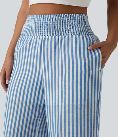 High Waisted Shirred 2-in-1 Straight Leg Stripe Casual Linen-Feel Pants with Pockets