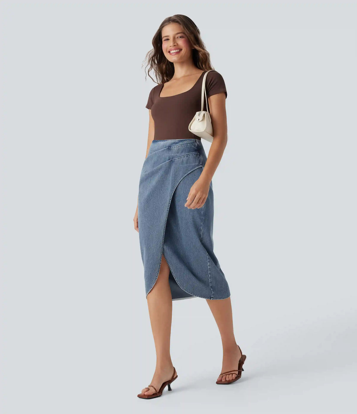 Halara Flex™ High Waisted Back Zipper Ruched Tulip Hem Midi Washed Denim Casual Skirt