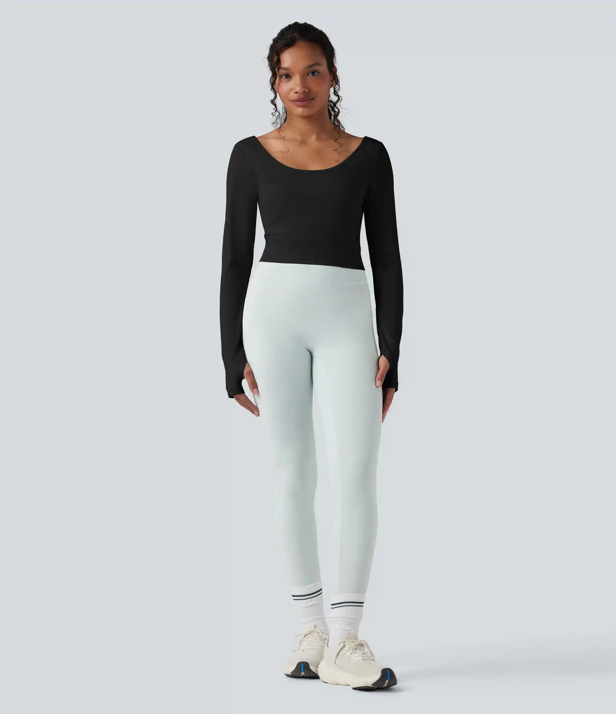 Seamless Flow Twisted Backless Scoop Neck Long Sleeve Thumb Holes Cropped Yoga Sports Top