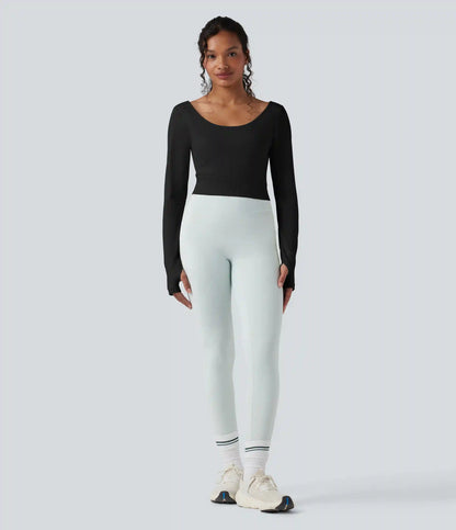 Seamless Flow Twisted Backless Scoop Neck Long Sleeve Thumb Holes Cropped Yoga Sports Top
