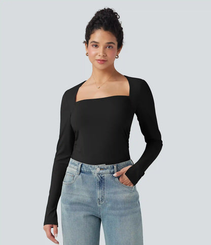 Square Neck Split Long Sleeve Ruched Slim Casual Top