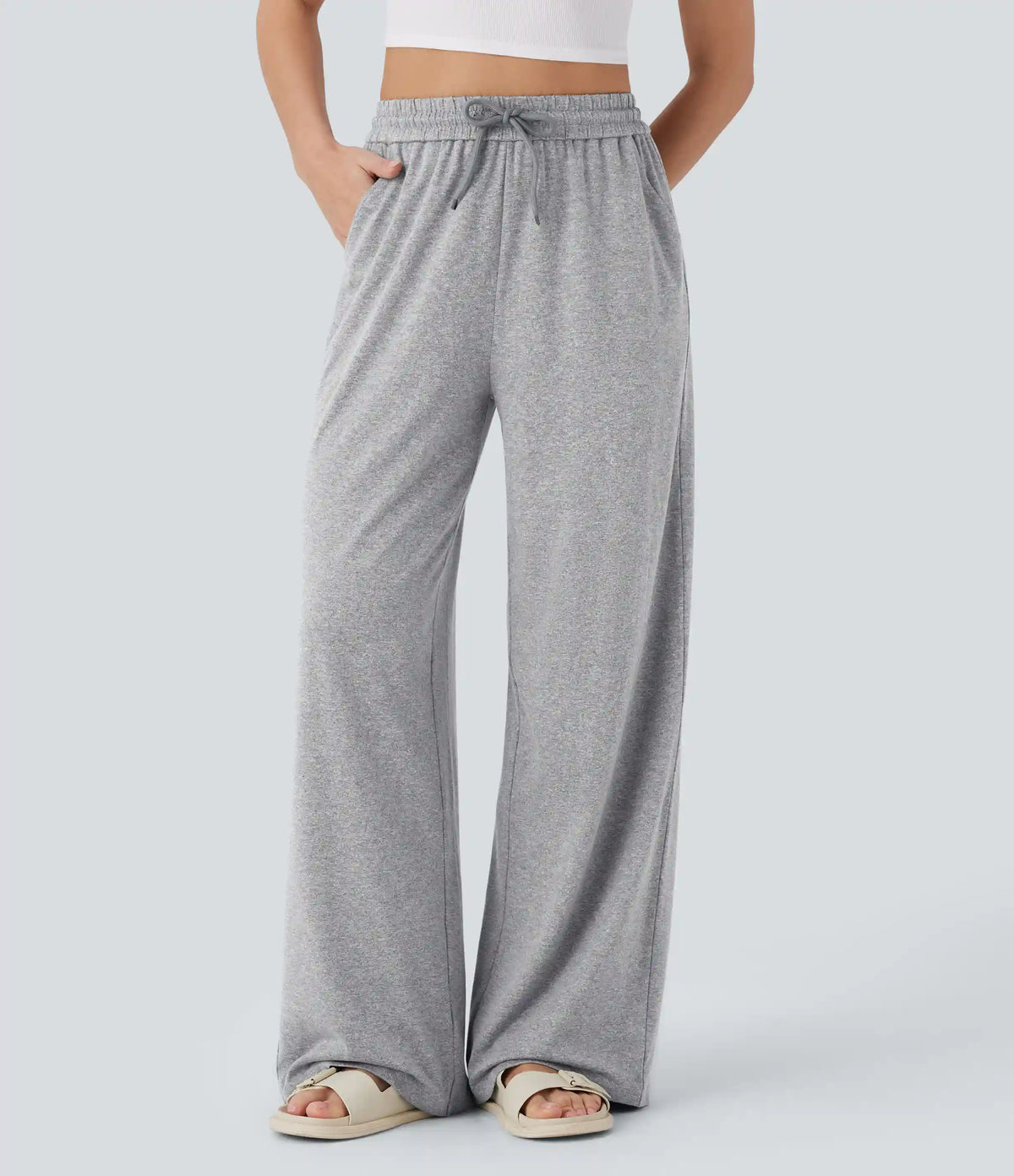 High Waisted Drawstring Pocket Wide Leg Baggy Casual Pants