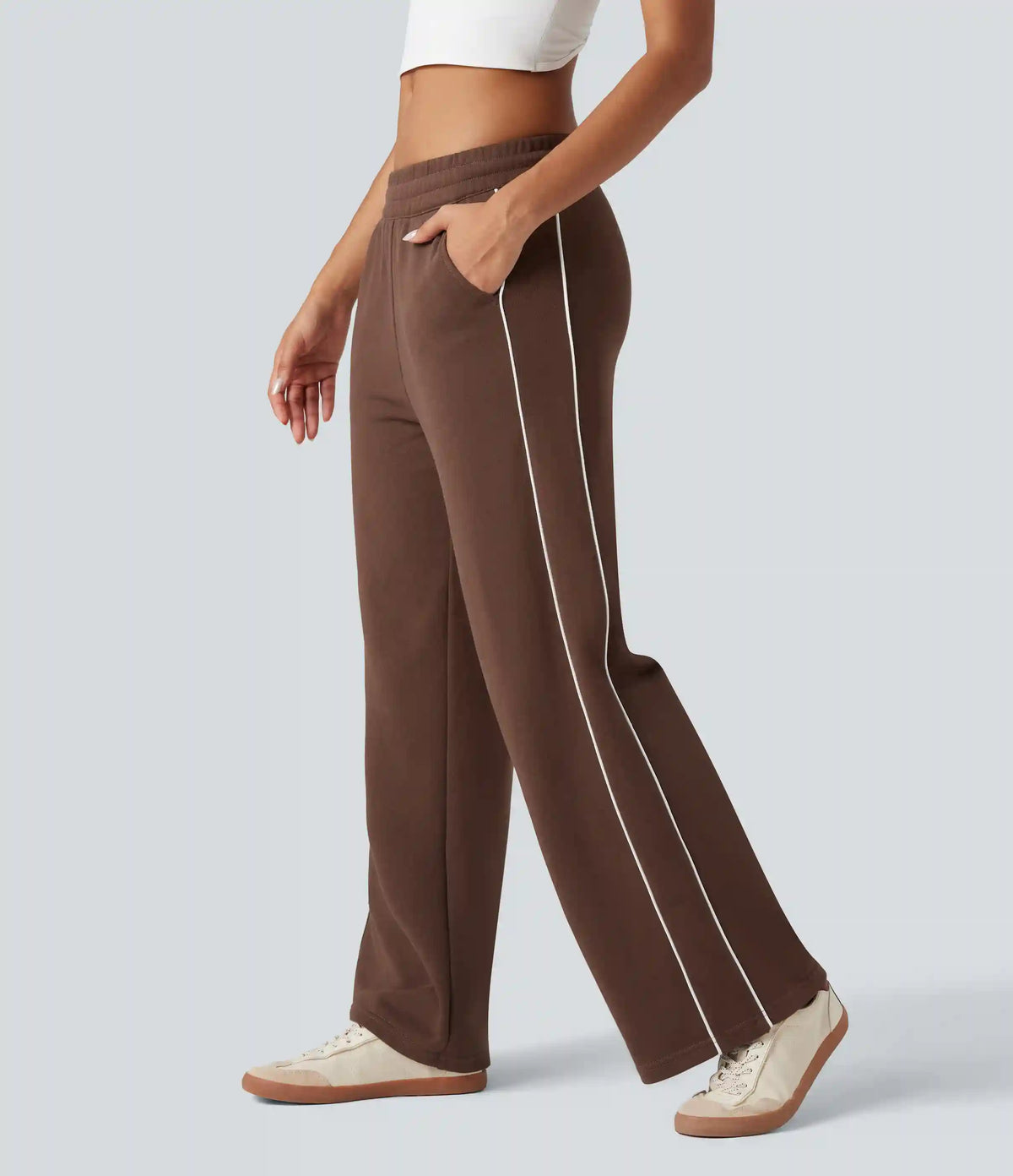 Mid Rise Drawstring Straight Leg Color Block Casual Cotton Pants with Pockets