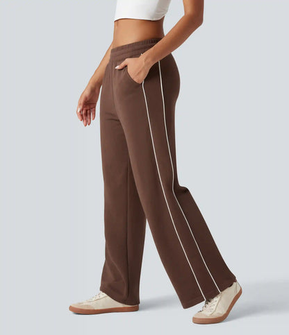Mid Rise Drawstring Straight Leg Color Block Casual Cotton Pants with Pockets