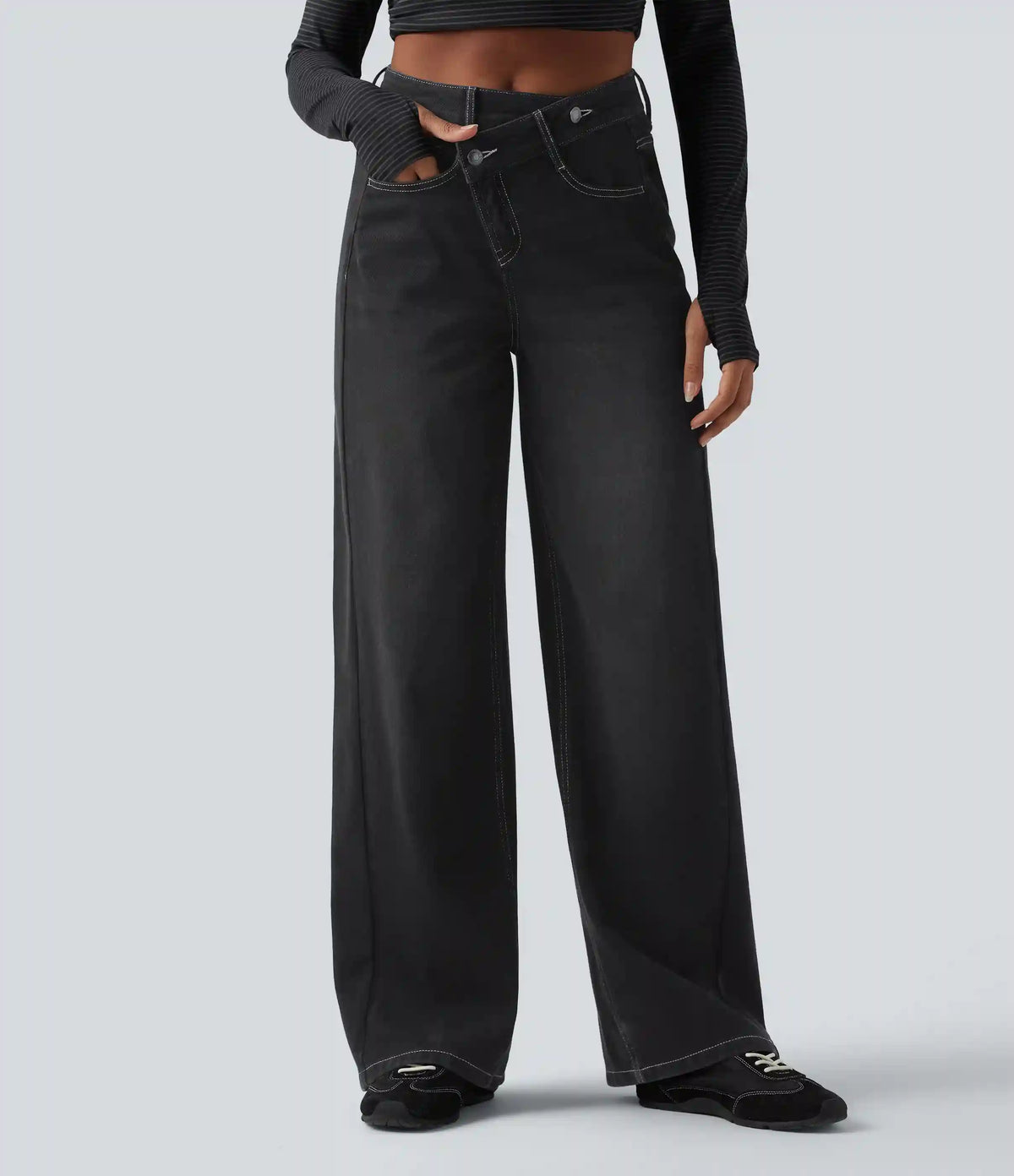 Halara Flex™ Asymmetric High Waisted Washed Casual Baggy Jeans with Pockets