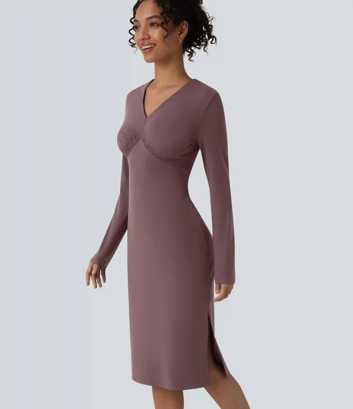 V-Neck Long Sleeve Ruched Split Midi Work Dress