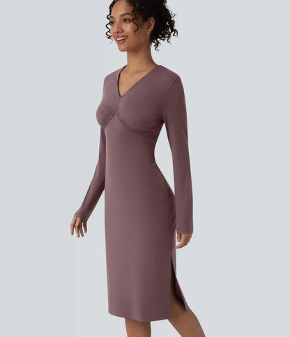 V-Neck Long Sleeve Ruched Split Midi Work Dress