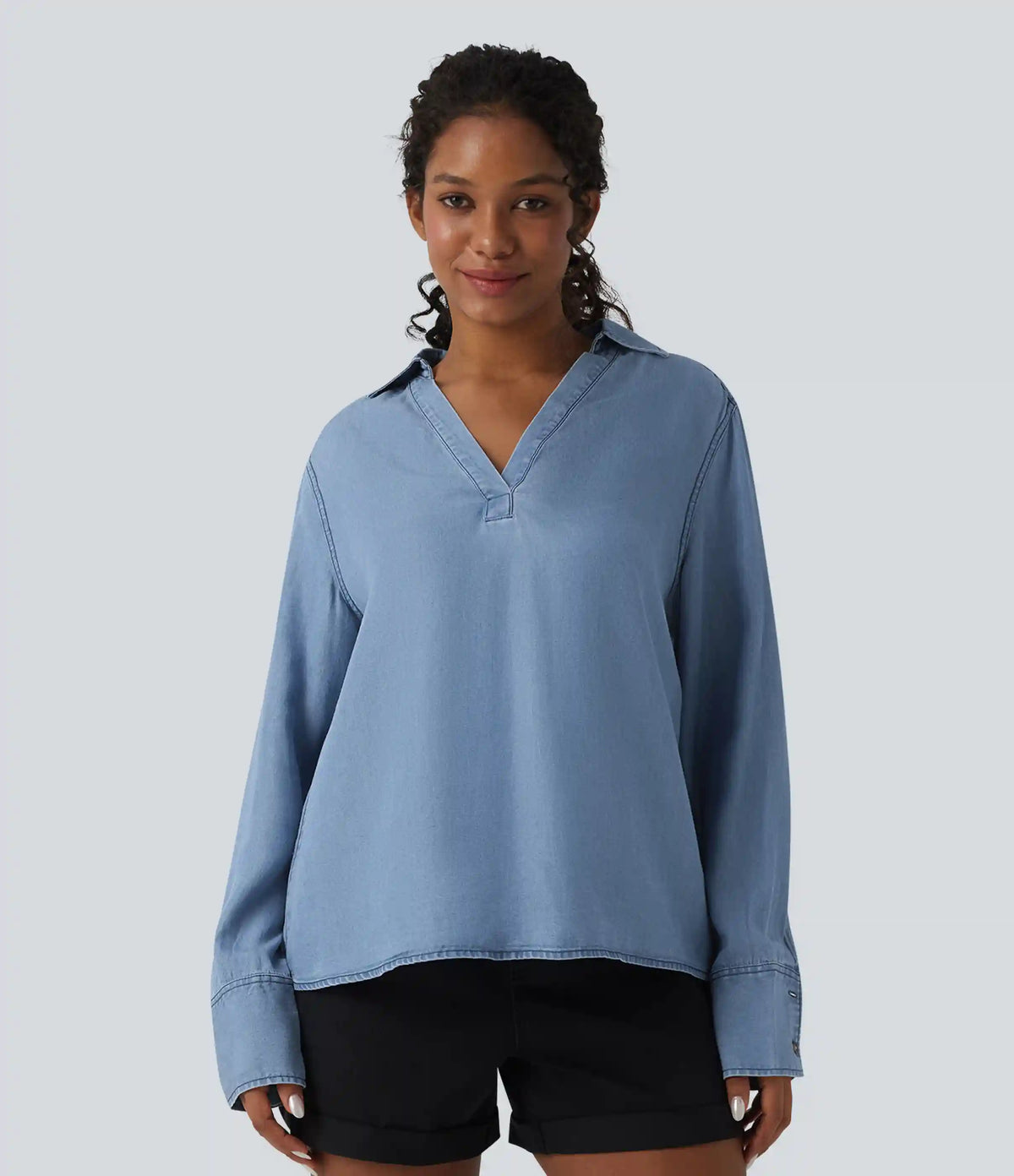 V Neck Long Sleeve Denim Casual Blouse