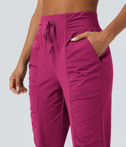 High Waisted Drawstring Ruched Tapered Quick Dry Cool Touch Dance Joggers with Pockets-UPF40+