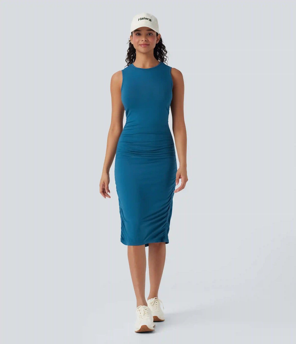 Round Neck Sleeveless Ruched Casual Bodycon Dress