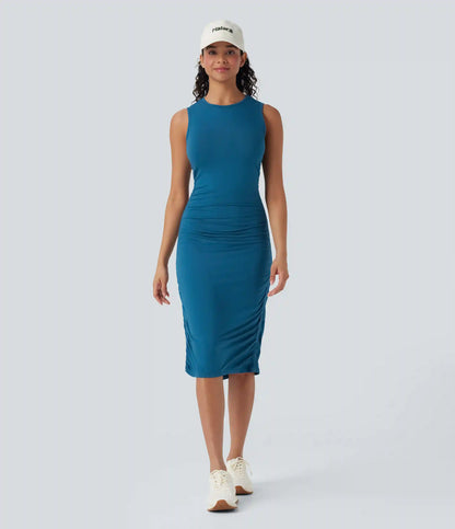 Round Neck Sleeveless Ruched Casual Bodycon Dress