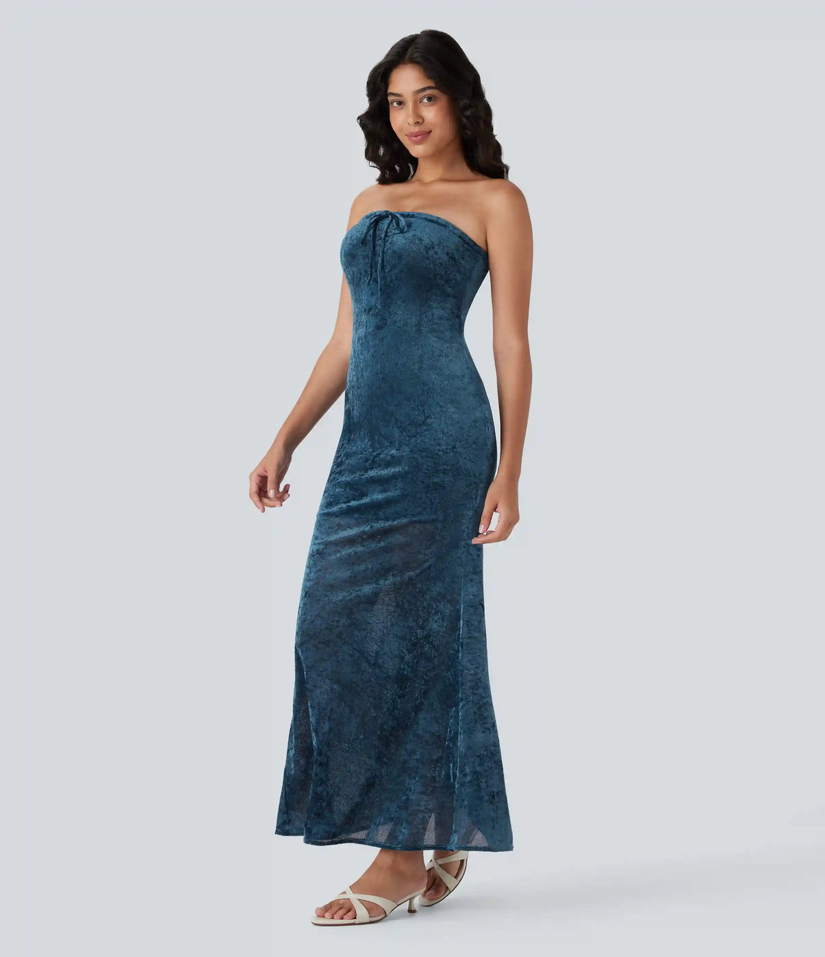 Tube Tie Front Bodycon Mermaid Velvet Mesh Maxi Dress